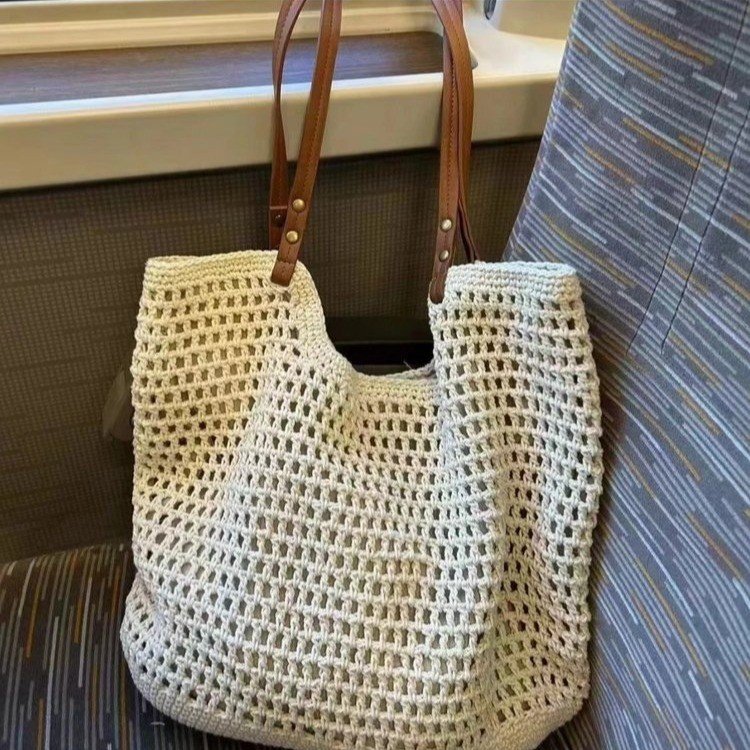 Casual large-capacity single-shoulder cotton woven bag new hollow mesh tote bag seaside vacation beach bag women's bag