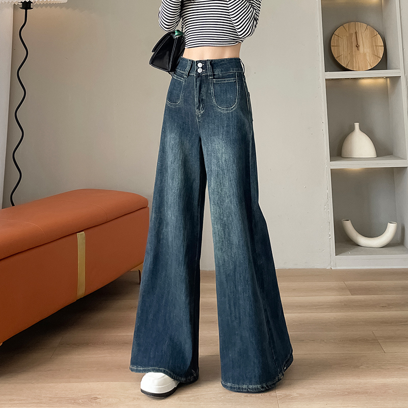 Hong Kong style retro high waist wide leg jeans women's new loose slimming design floor mopping pants stretch