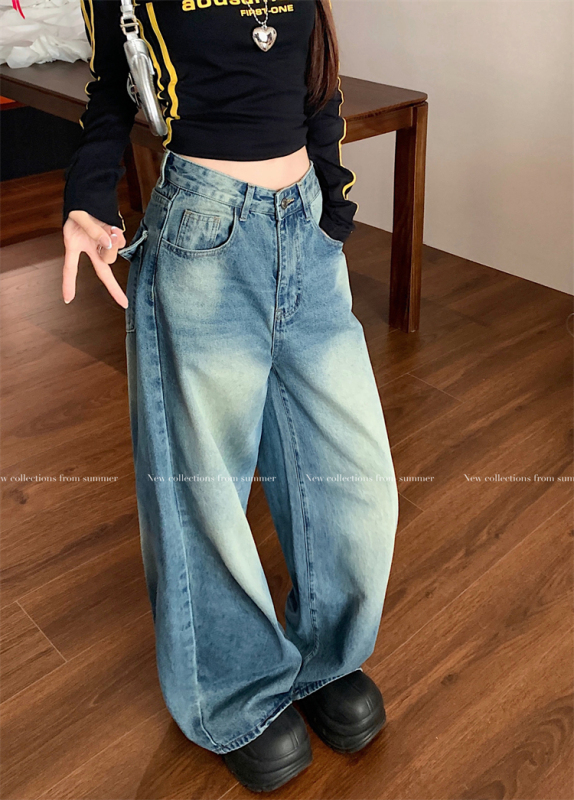 American Retro Washed Cargo Pocket Jeans Women's High Waist Loose Straight Wide Leg Floor-Mopping Pants