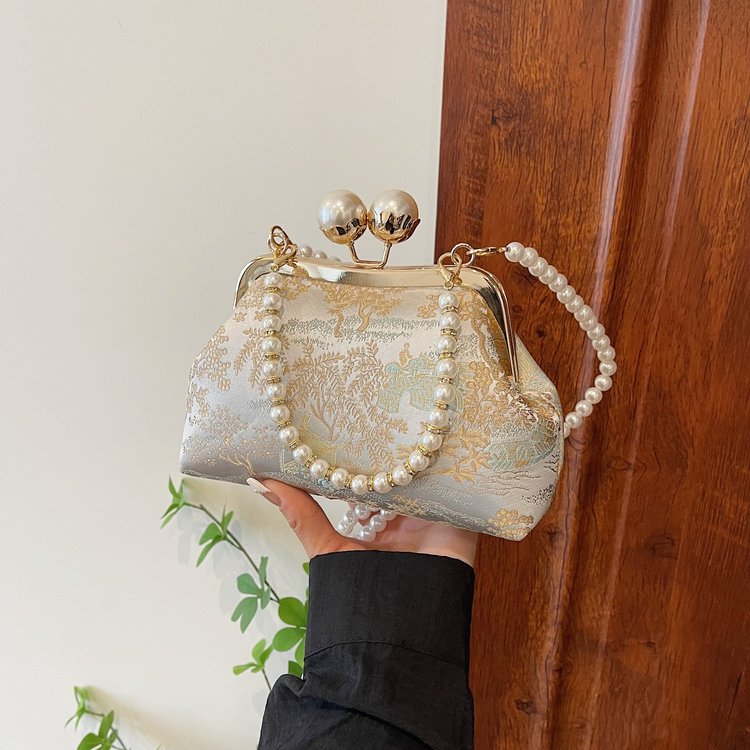 National trend Chinese style bag for women 2024 new versatile pearl chain crossbody bag small tote bag niche embroidered shoulder bag