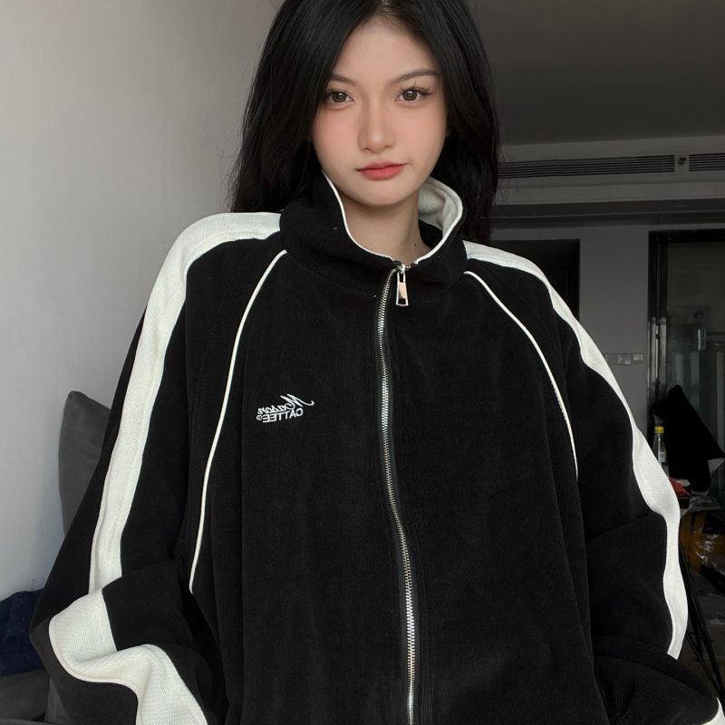 Stand collar jacket spring and summer color block student jacket high-end simple style