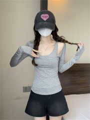 New fake two-piece spliced ​​shoulder T-shirt for hot girls, sweet and chic little shirt, sun protection top