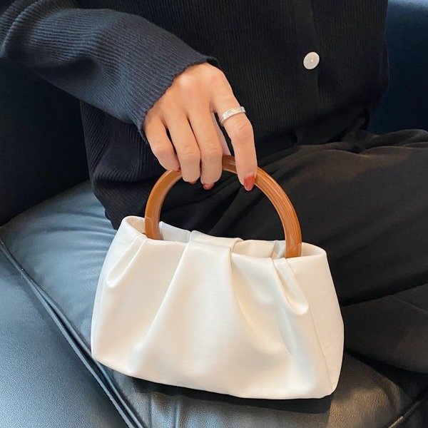 2024 Korean version of the new wooden handle pleated cloud small handbag women's shoulder crossbody mini small bag