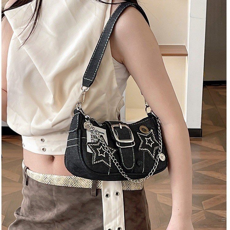 Star denim armpit bag new fashion trend niche design crescent bag canvas handbag chain bag wholesale