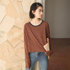 Autumn new Korean style loose striped round neck long sleeve short knitted T-shirt for women