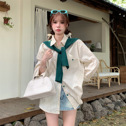 French niche design shawl striped salt top new Korean all-match shirt