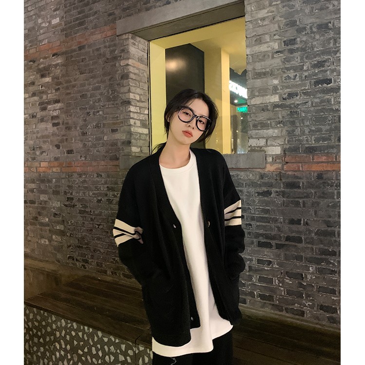 New striped outer wear, lazy style, versatile loose v-neck sweater, cardigan knitted jacket for women
