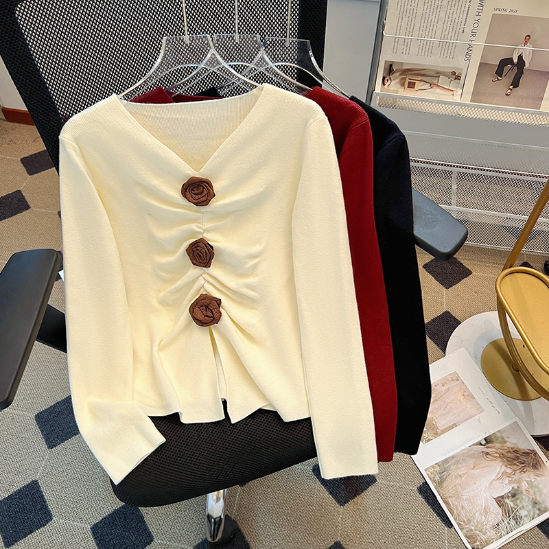 Fashionable age-reducing V-neck rose knitted sweater niche design pleated slim long-sleeved top