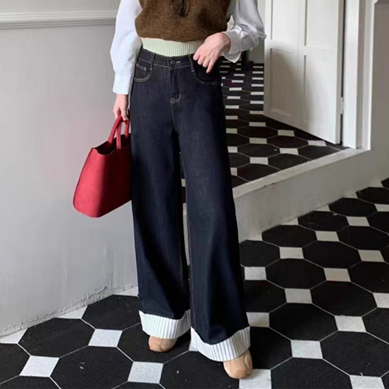 2024 Autumn and Winter New Retro High Waisted Cuffed Nine-Point Straight Pants Retro Spliced ​​Striped Wide Leg Jeans