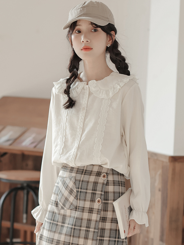Autumn new Japanese style fresh and sweet Mori girl sweet lace splicing long-sleeved shirt for women