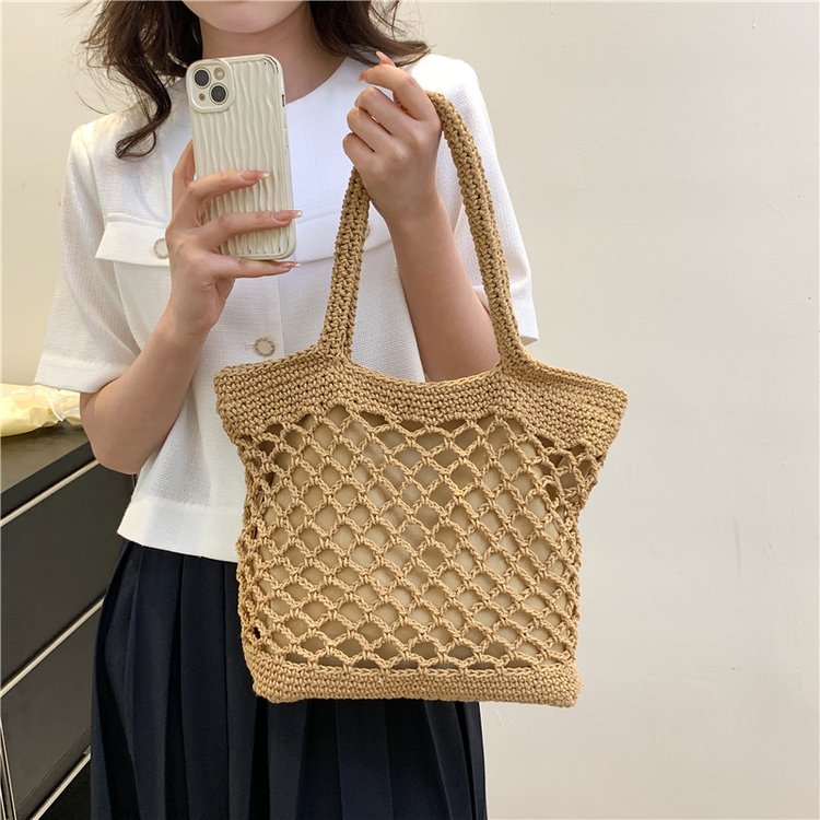 New cotton rope chain buckle shoulder woven straw bag casual women's bag beach bag woven bag