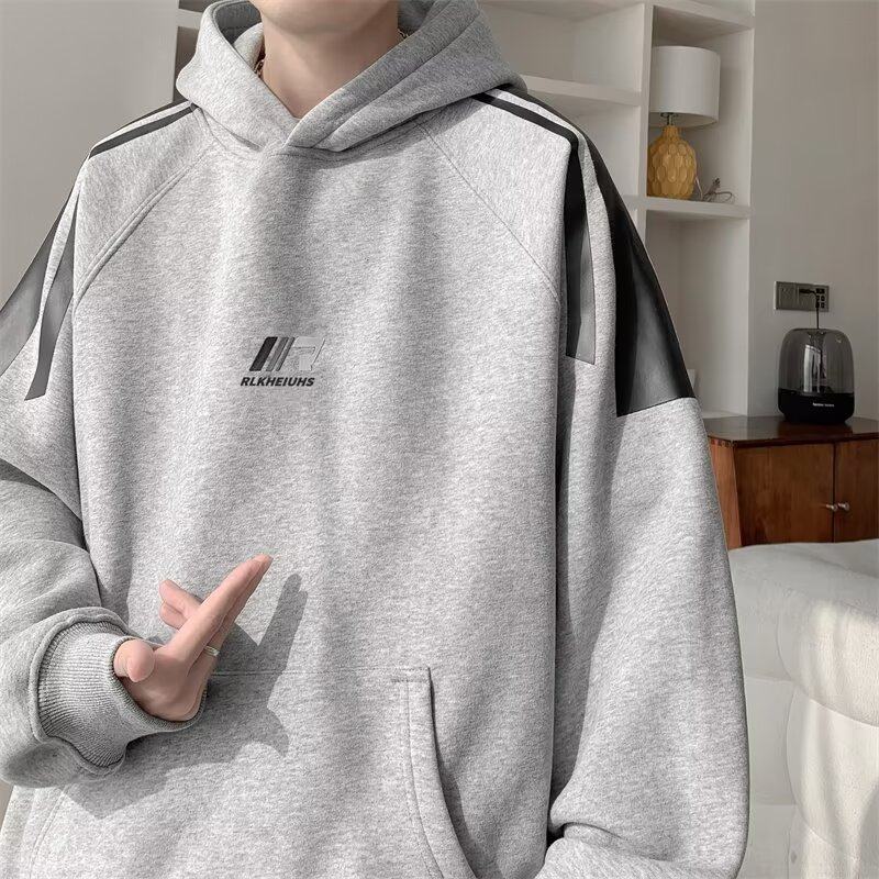 American trendy brand embroidery splicing striped hooded velvet sweatshirt for men autumn new lazy style top A183 velvet