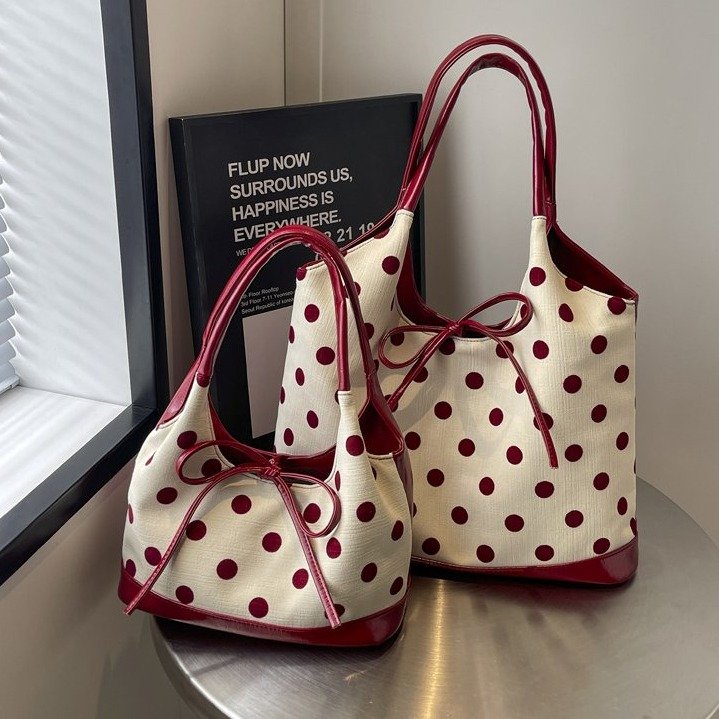 Polka Dot Canvas Bag Women's 2024 New Tote Bag Large Capacity Portable Basket Bag Armpit Bag Commuting
