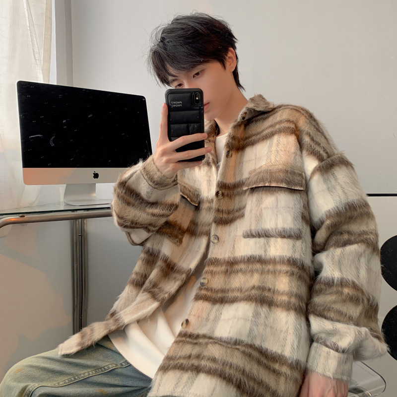 Autumn Couple's American Street Loose Long Wool Plaid Jacket