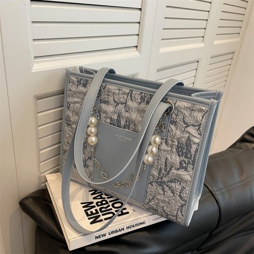 Summer bags for women, personalized sea salt blue jacquard tote bag, high-end large-capacity commuting shoulder bag for women