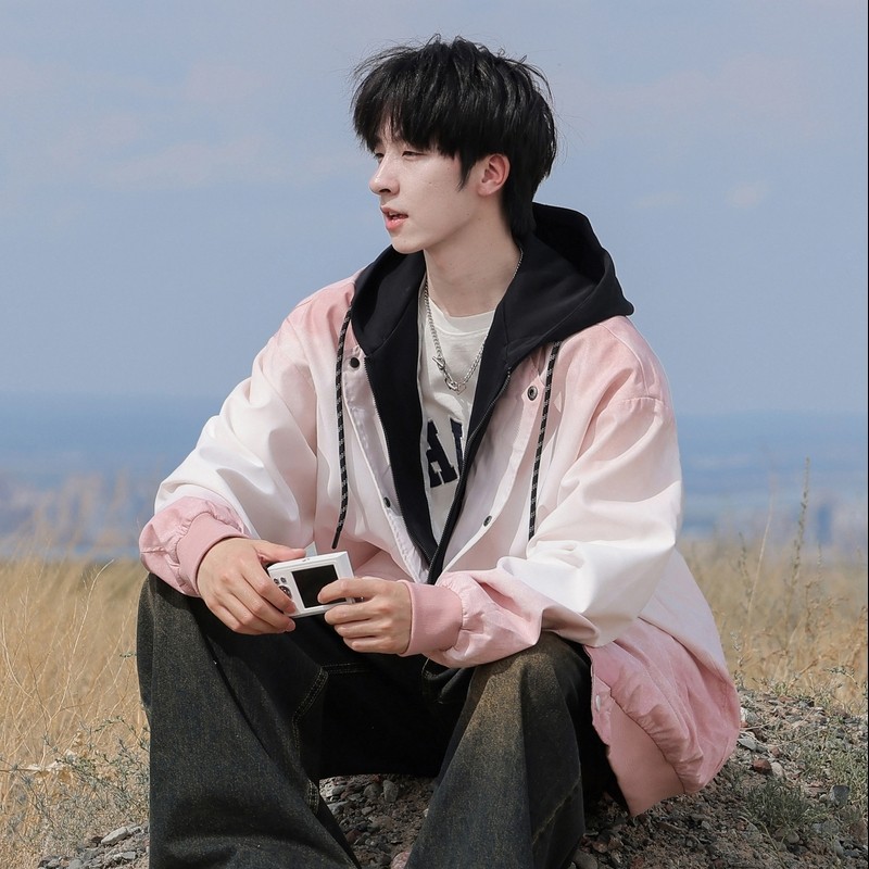 Men's and women's same fake two-piece handsome American retro lapel gradient jacket