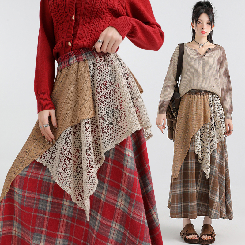 Irregular splicing contrasting plaid skirt for women 2024 autumn and winter high waist slim casual A-line skirt