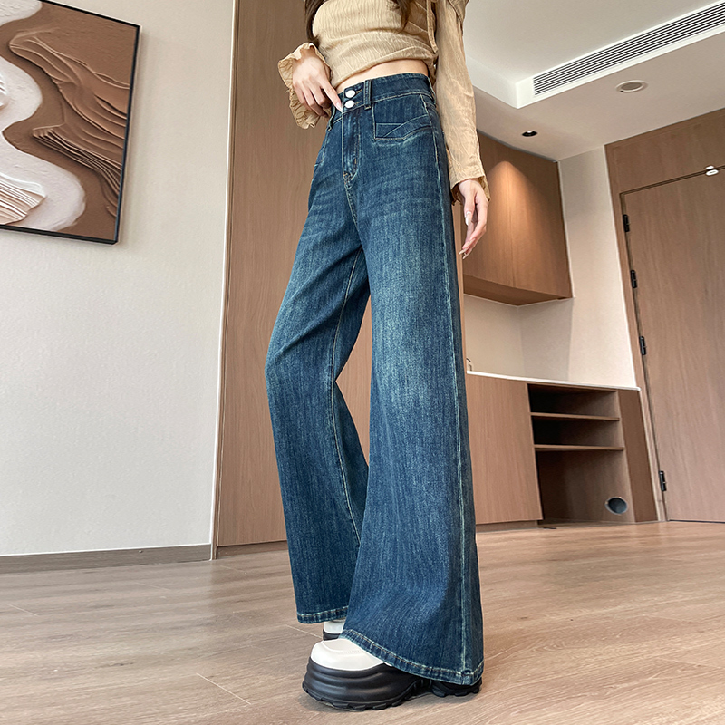 Retro wide-leg jeans for women autumn 2024 new high-waist slim double-breasted design straight-leg floor-length pants
