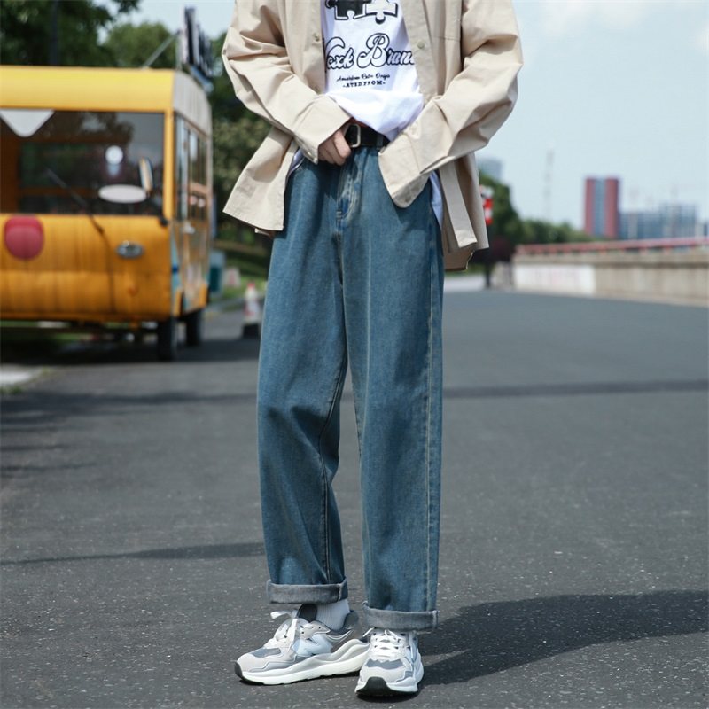 Straight-leg jeans for men in autumn, loose casual retro pants, Korean style trendy wide-leg trousers