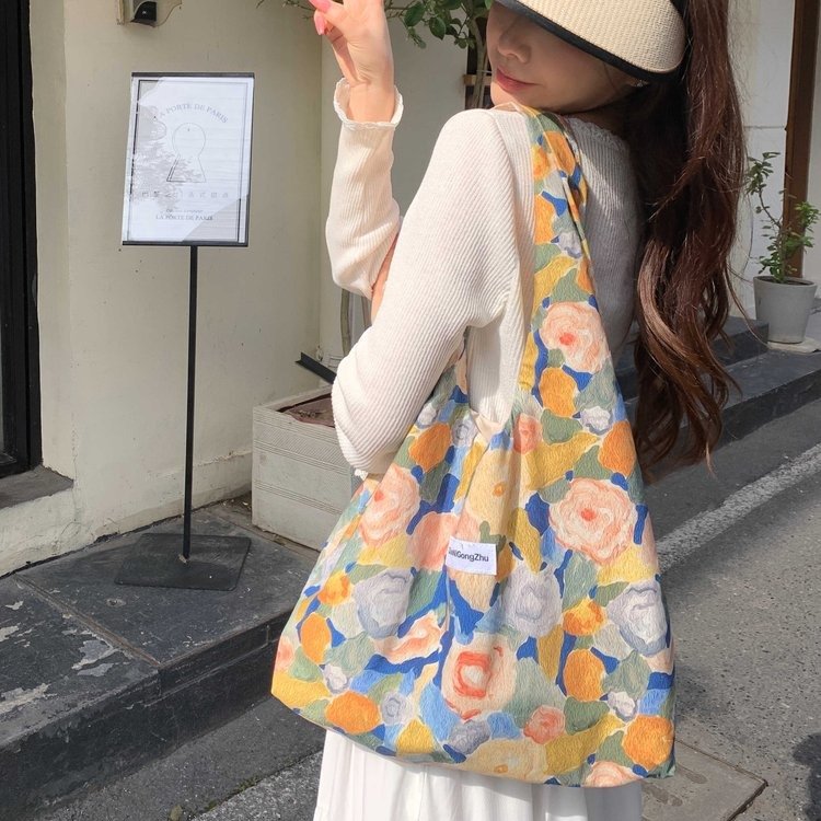 ins retro oil painting flower canvas bag casual shoulder bag handbag student sweet vest bag trendy