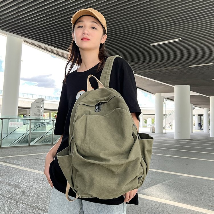 Japanese washed canvas backpack for women, simple and versatile, college student schoolbag, lazy style, high school drapey backpack for women
