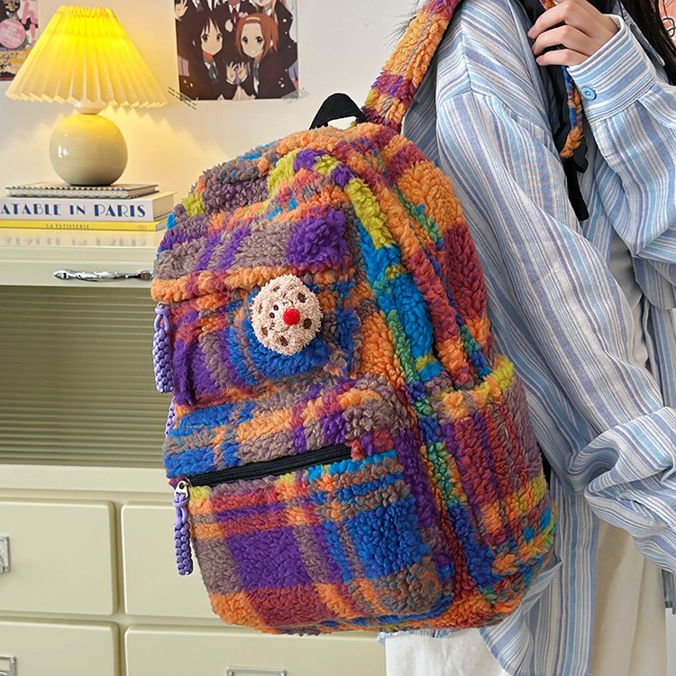 Autumn and winter niche rainbow plush schoolbag female Japanese ins retro plaid furry backpack girl versatile backpack