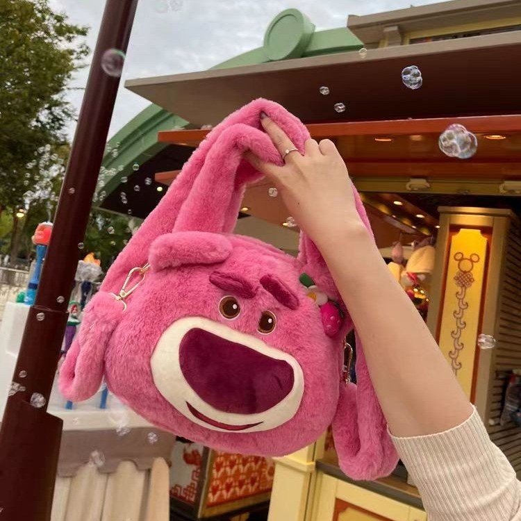 Cute Strawberry Bear Bag Women's New Fashion Plush Handbag Cartoon Furry Shoulder Messenger Bag