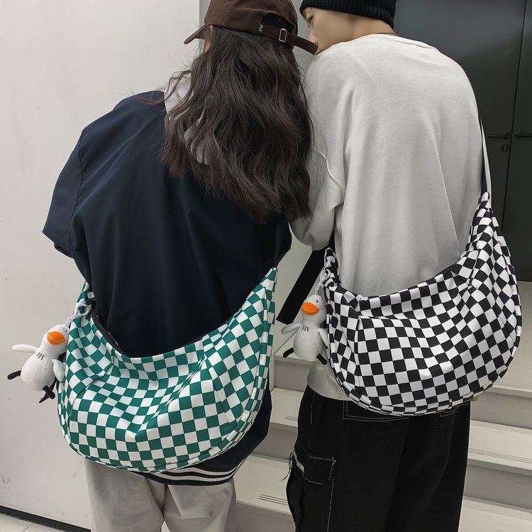 Checkerboard canvas bag women's 2024 new ins shoulder bag student class large capacity messenger bag school bag