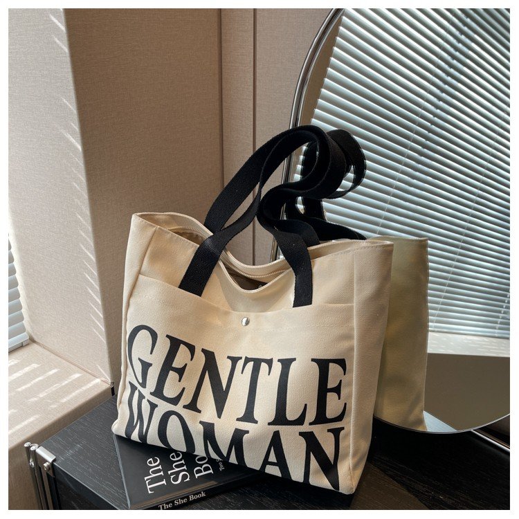 Letter Canvas Bag Women's Large Capacity Bag 2024 New Korean Style College Student Class Tote Bag Shoulder Tote Bag