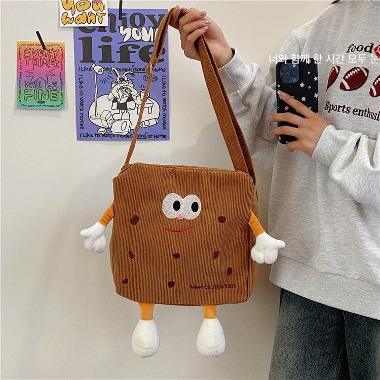 Cute cookie shoulder bag 2024 new cartoon fashion corduroy crossbody bag ugly girl backpack trend