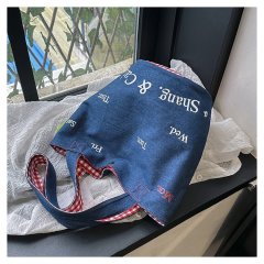 New Denim Bucket Bag Women's Letter Printed Large Capacity Shoulder Women's Bag Fashionable Student Class Handbag