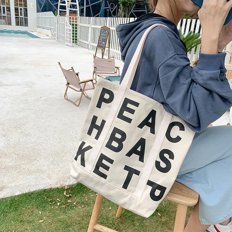 Letter canvas bag ins lazy style shoulder bag women Korean style large capacity tote bag