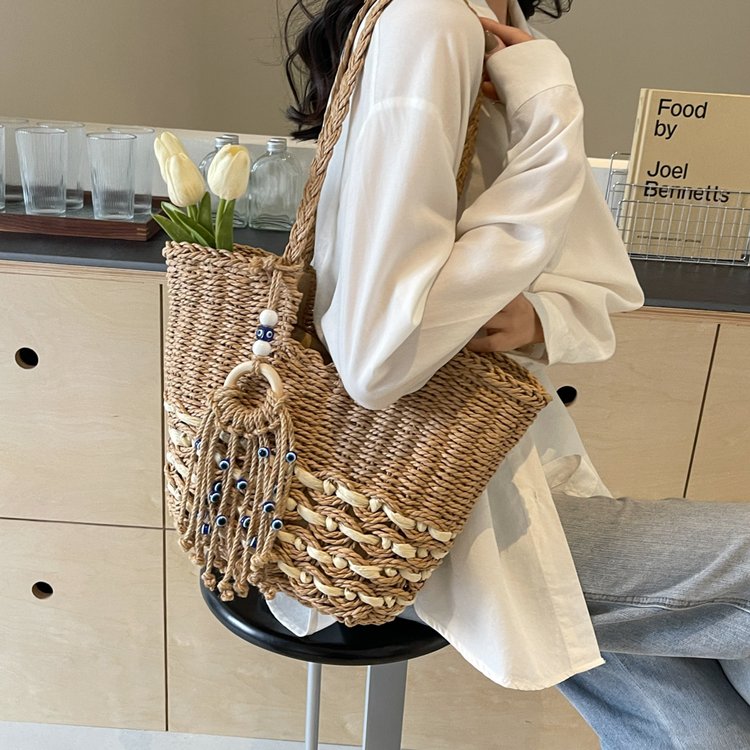 Large capacity woven bag women's 2024 summer new fashion vacation beach bag handbag casual commuter handbag