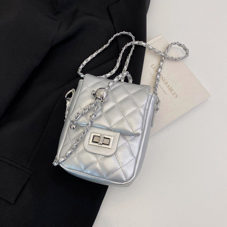 Summer rhombus embroidery mini silver small bag for women 2024 new fashion chain shoulder crossbody bag mobile phone bag