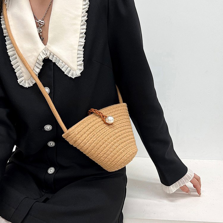 (No zipper) Pearl dumpling bag cross-body cotton woven beach bag mini small bag mobile phone bag women's vacation