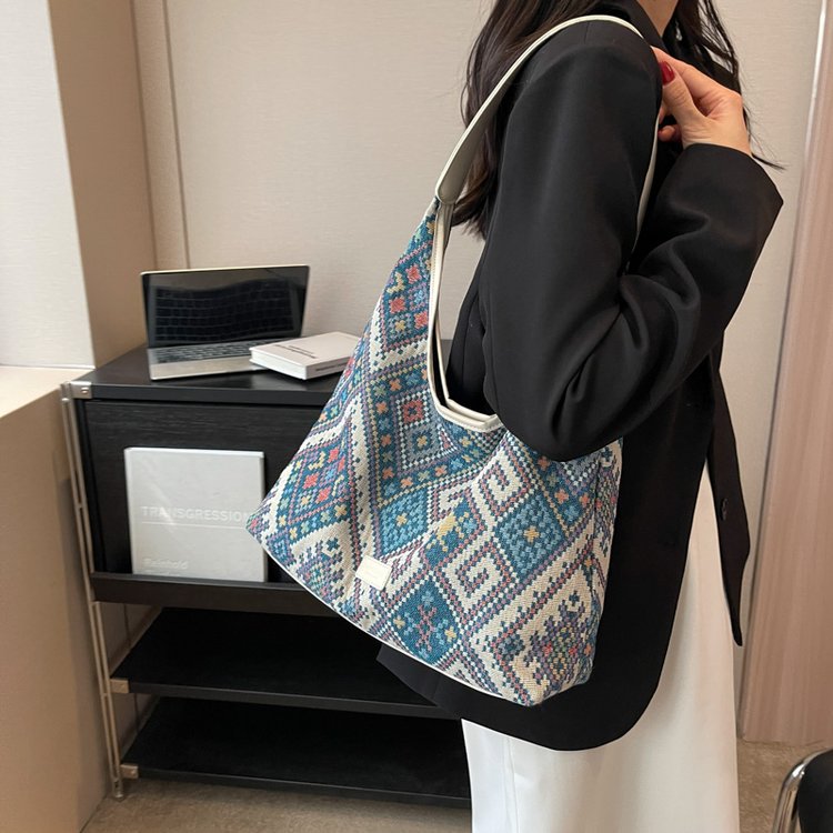 Canvas bag women's large capacity 2024 new summer versatile shoulder bag texture woven commuting bucket tote bag