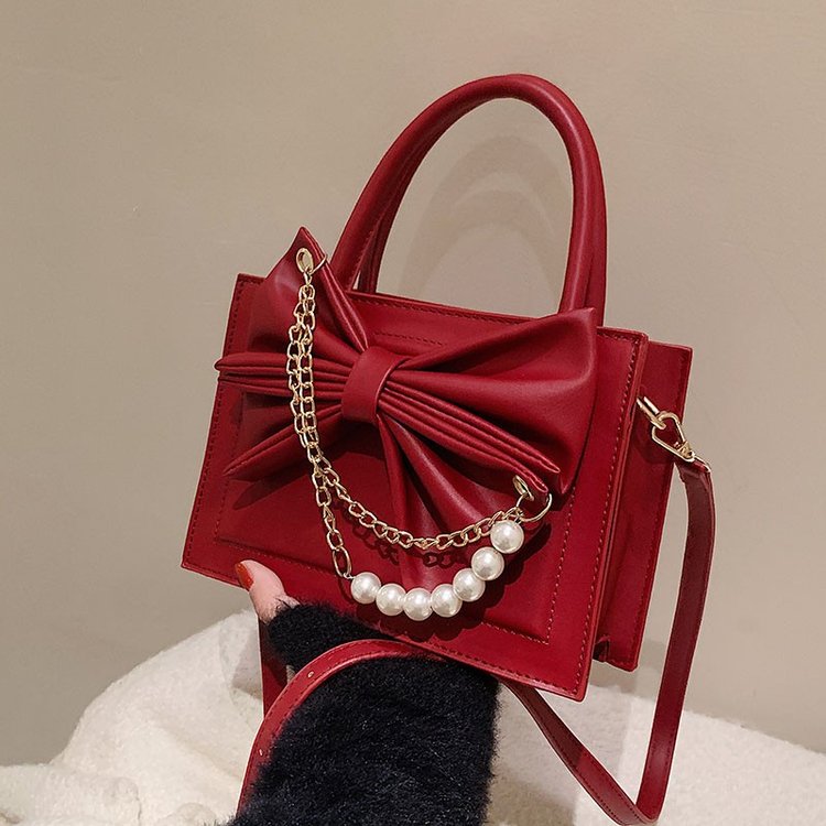 High-end niche design bow handbag female summer bridesmaid crossbody bag red temperament chain bag