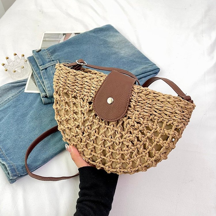 Semicircular Hollow Straw Bag Beach Handmade Woven Bag Vacation Women's Bag Crossbody Bag
