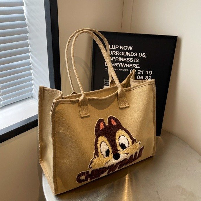 Autumn and winter large-capacity bags for women, cute cartoon canvas bags, casual shoulder tote bags, mommy bags, portable travel bags