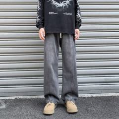 Distressed drawstring elastic waist men's jeans trendy brand plus velvet thickening loose straight straight versatile trousers J58 plus velvet