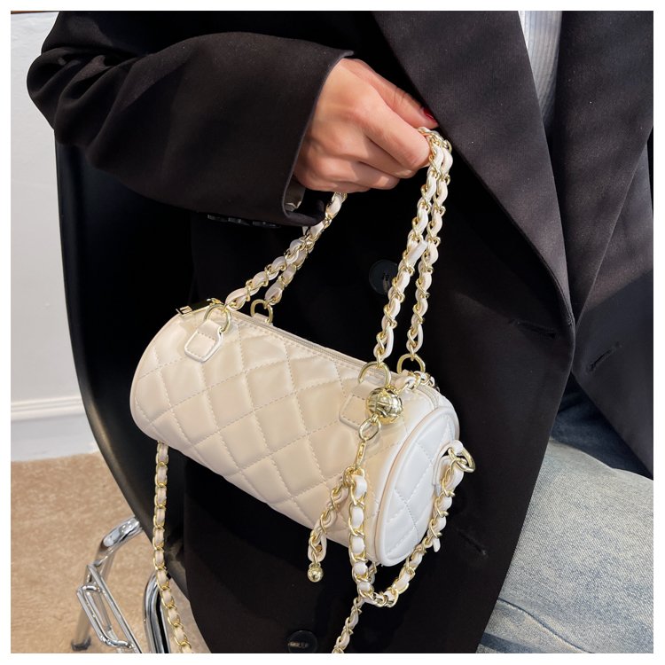 Temperament cylindrical bag cylindrical new style small gold ball rhombus chain shoulder versatile niche diagonal pillow bag internet celebrity
