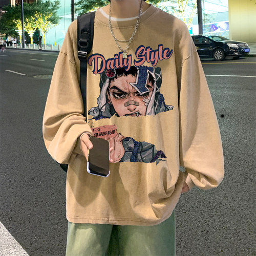 Live broadcast quality heavyweight cotton American batik washed and distressed trendy brand loose long-sleeved T-shirt