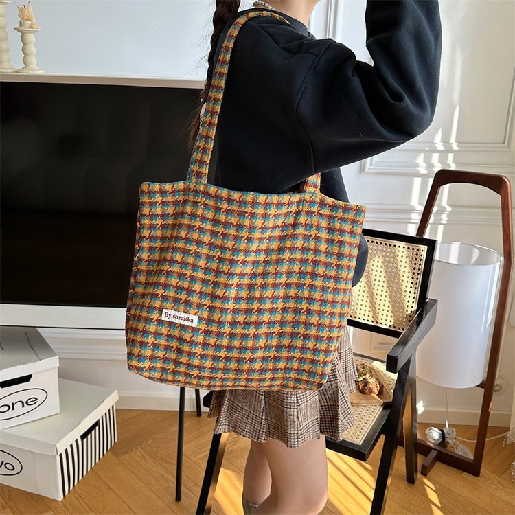 Korean style ins canvas bag women's woolen small houndstooth shoulder bag large capacity casual street tote bag