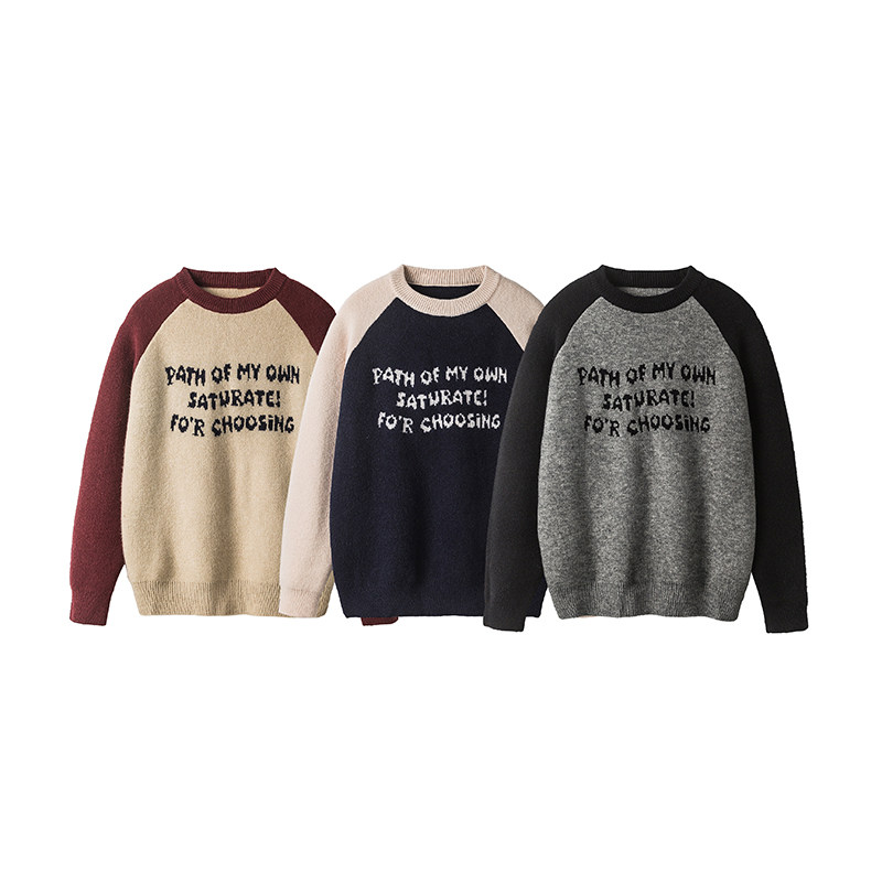 American retro raglan embroidered round neck sweater for men winter loose boys' knitted sweater