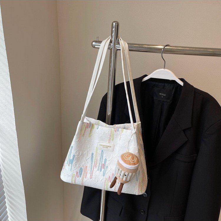 Korean design bag for women 2024 new fashion striped bucket bag casual versatile underarm shoulder tote bag