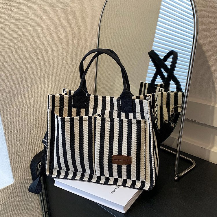 Commuting Large Capacity Bag 2024 New Women's Bag Popular Striped Canvas Bag Messenger Bag Fashion Handheld Tote Bag