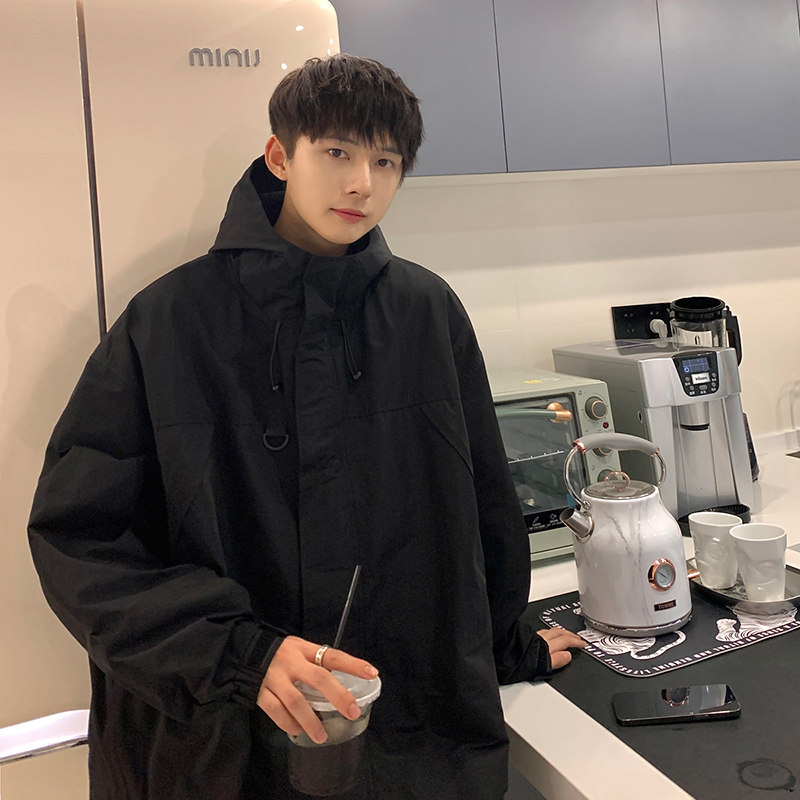 Hooded loose jacket men's drawstring casual autumn new men's coat trend