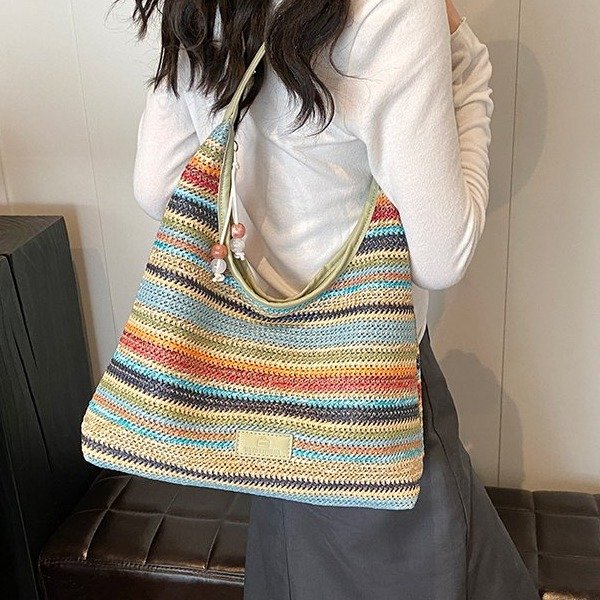 Autumn popular woven tote bag for women 2024 new style fashionable shoulder bag large capacity vacation straw bag
