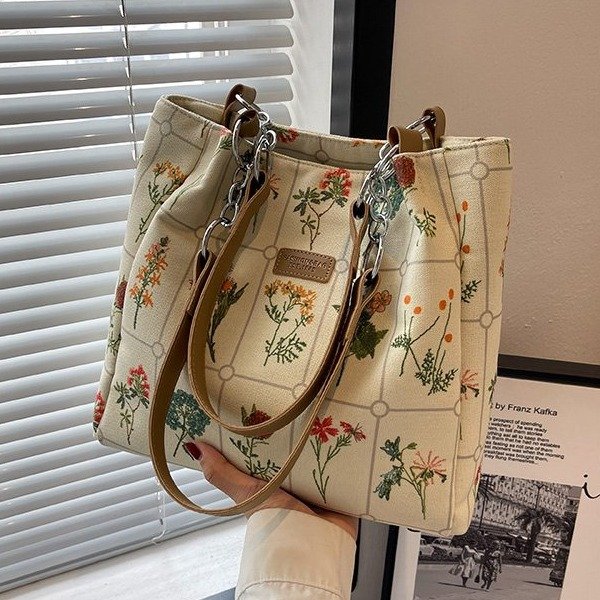 Large-capacity bag for women, summer versatile new canvas casual shoulder bag, high-end class commuting bucket bag