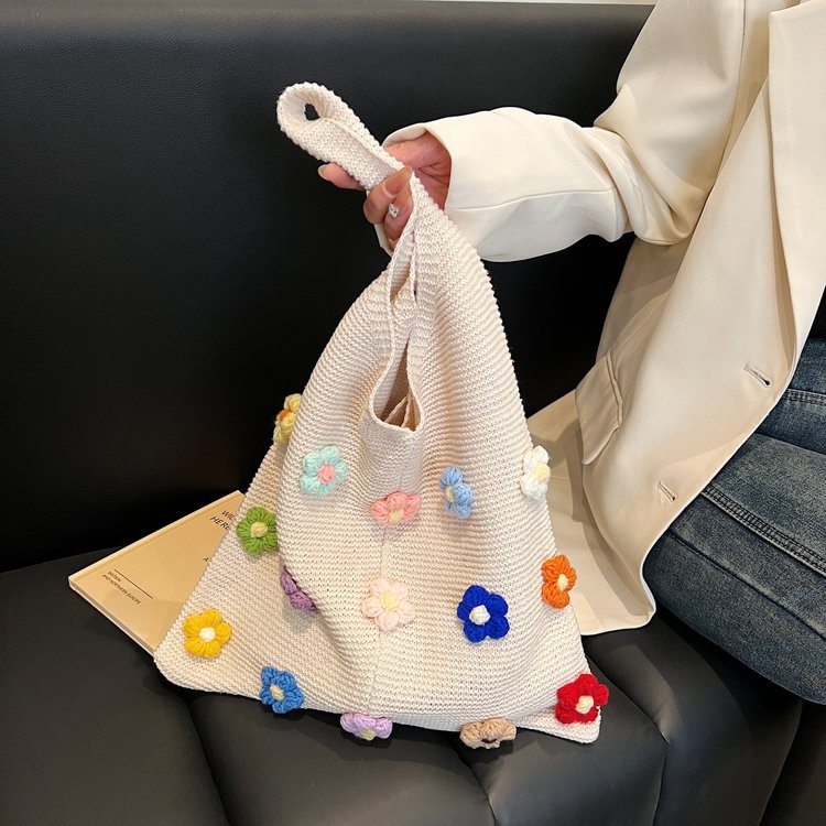 ins flower shoulder bag relaxed wool knitted bag women's 2024 new style hand carry simple large capacity tote